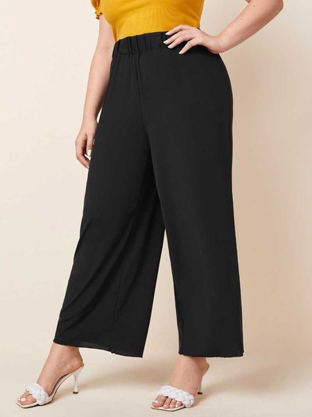 

plus size pants womens lettuce trim wide leg solid black elastic waist office lady summer casual 3xl 4xl 5xl 6xl 7xl 8xl