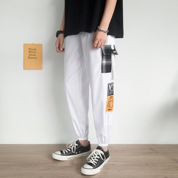 

ins hong kong style overalls men's loose and thin 9 / 4 white casual pants, Black