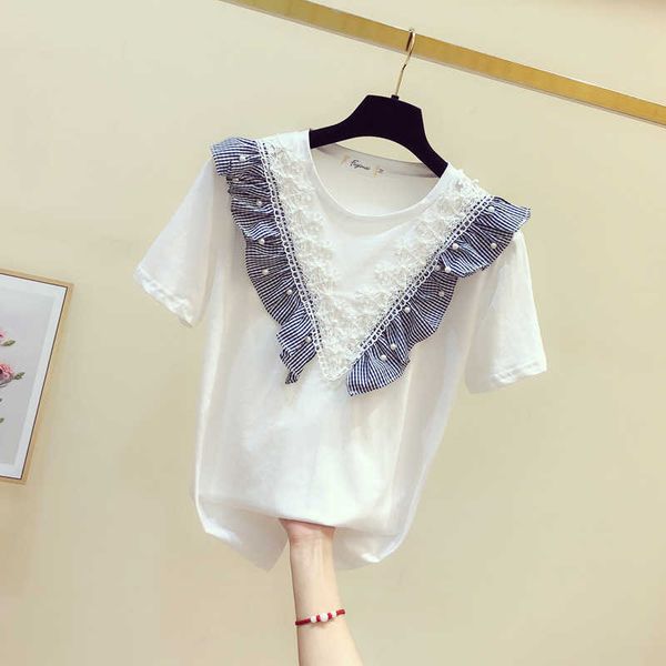 

beading ruffles lace patchwork o neck short-sleeved t-shirt women's spring summer loose 210615, White