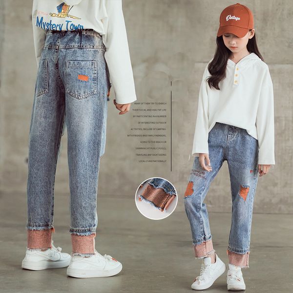 

jeans children broken hole pants kids girls cotton denim loose trousers for teenage school girl korean baby ripped jeans 8 12 y, Blue