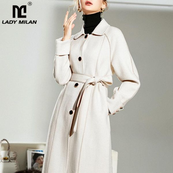 

women's wool & blends double cashmere coat turn down collar lace up belt ruffles fashion winter long overcoat outerwear, Black