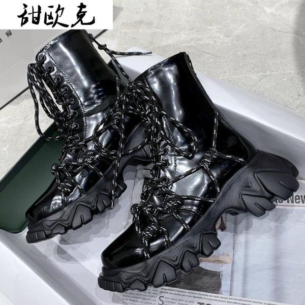 

boots 2021 winter women's thick-soled ankle leather shoes plus velvet short non-slip increased mid-tube, Black