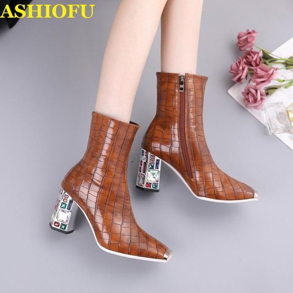 

boots ashiofu handmade est retro women's crystal chunky heels party prom ankle booties large size evening fashion, Black