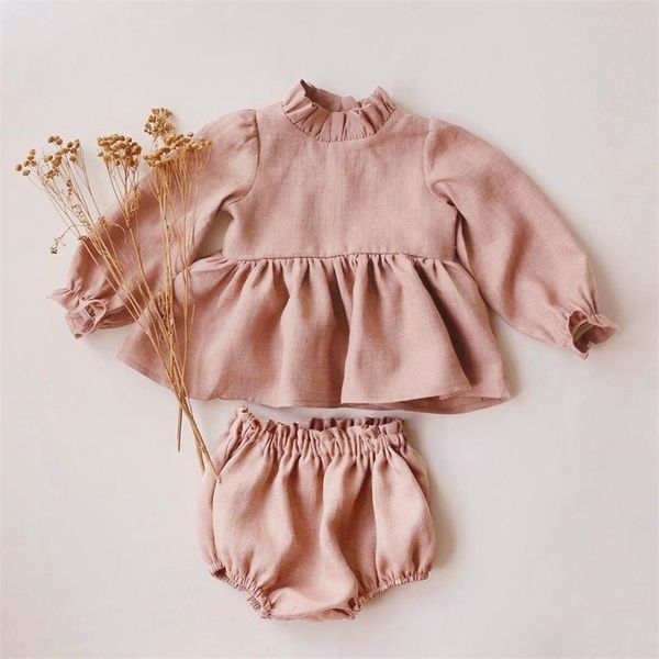 

princess baby girls clothes sets summer spring linen cotton blouse + bottom shorts 0-2 y girl clothing outfits 210806, White