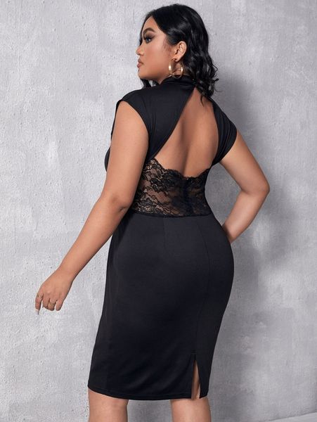 

plus cut out split hem backless contrast lace dress q4ej#, Black