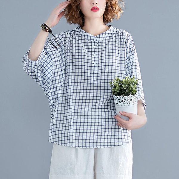 

women's blouses & shirts shirt women large size summer literary loose slimming female blosue cotton linen bat sleeve plaid casual, White