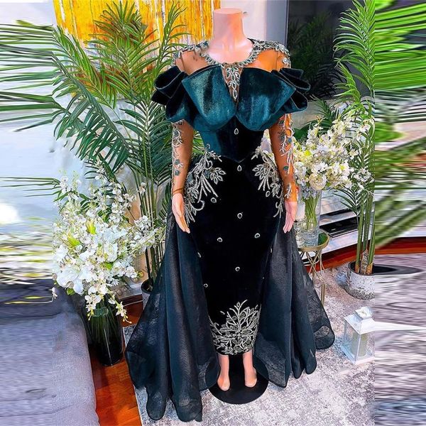 

2022 african overskirts evening dresses mermaid crystals beads appliques illusion long sleeves prom dress ruffles velvet gowns, Black;red