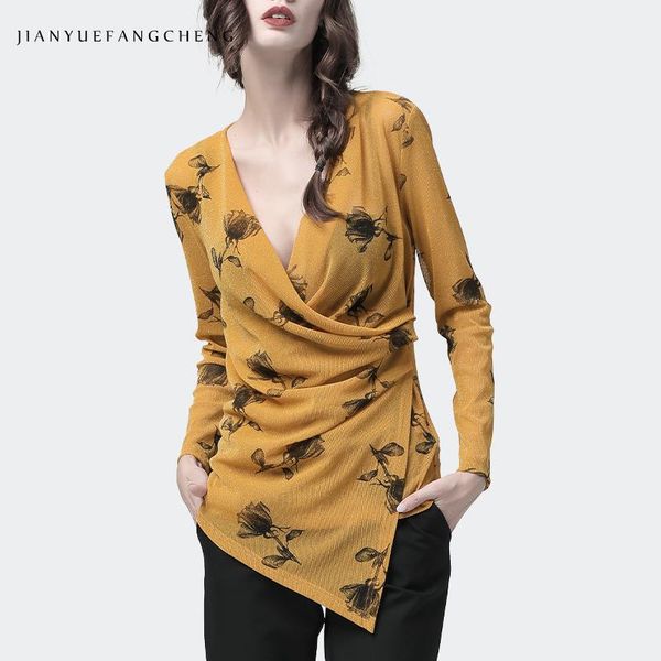 

long women blouse yellow mesh floral blouses crossed v neck elastic sleeve 2021 early autumn slim lady blusa women's & shirts, White