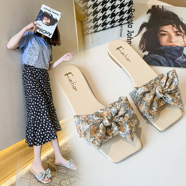 

slippers summer women wear 2021 bow flat-bottom plus size women's, Black