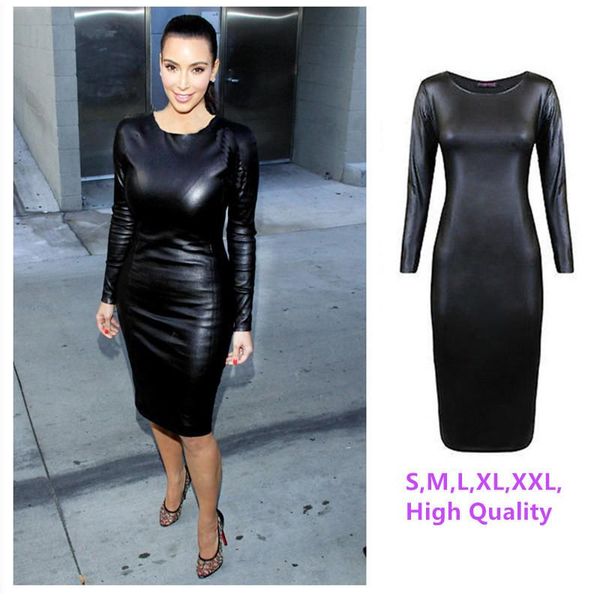 

casual dresses -xxl 2021 women long sleeve party dress leather look bodycon club fall winter office vestidos, Black;gray