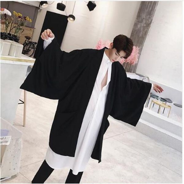 

men's trench coats men japanese harajuku street fashion wide sleeve kimono cardigan coat male hip hop loose long windbreaker jacket, Tan;black