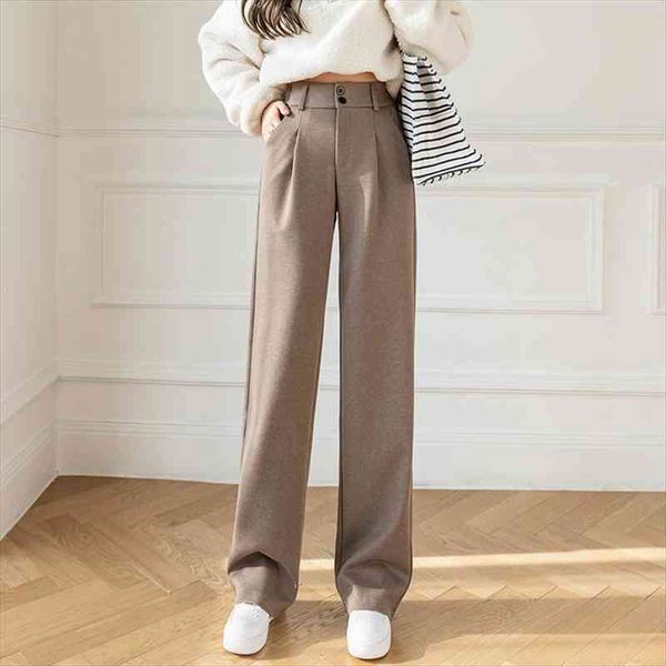 

2022 spring woolen womens capris wide leg black khaki winter korean women trousers high waist loose straight long 18314, Black;white