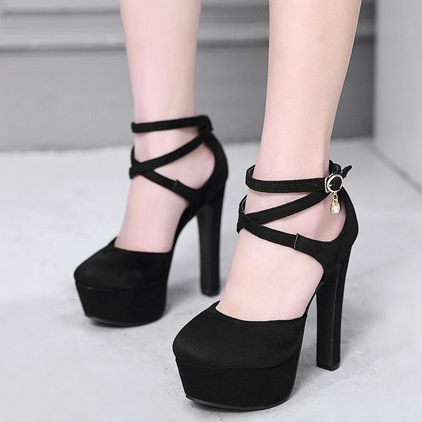 

summer 2021 fashion 14cm ultra high heels sweet round toe platform pumps flock cross-tied women sandals shoes woman dress, Black