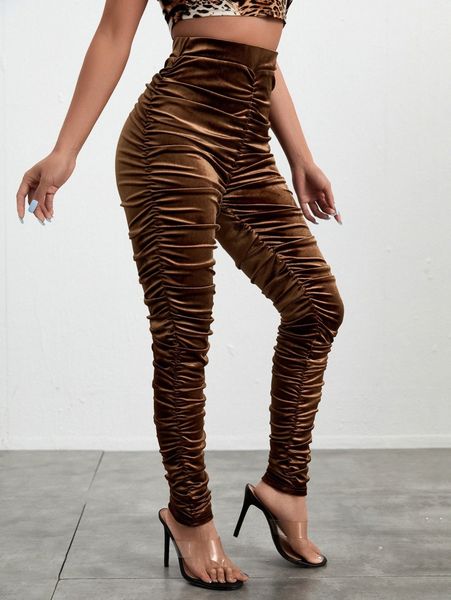

high waist ruched velvet skinny pants b57y#, Black;white