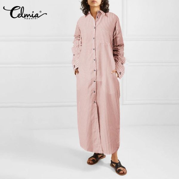 

casual dresses 5xl fashion maxi dress women celmia 2021 autumn long sleeve turn down collar striped vestidos buttons party robe, Black;gray