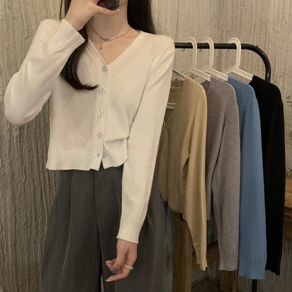 

women's knits & tees spring autumn korean solid color chic cropped cardigan women short sweaters fashion v neck knitted outwear clothin, White