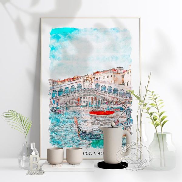 

paintings watercolor city italy venice poster, beautiful scenery art print, world travel wall stickers home room decor gift