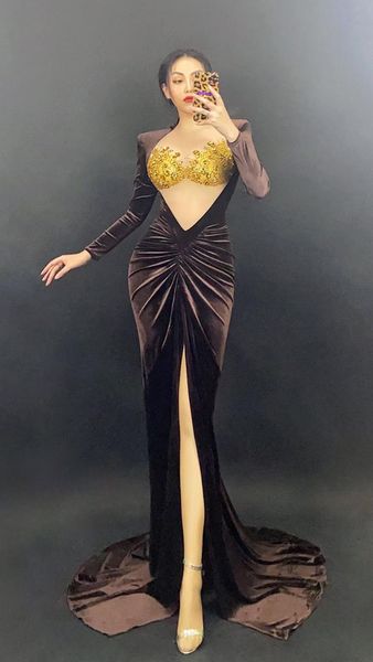 

casual dresses fashion rhinestones velvet trailing dress mesh transparent split long birthday wedding celebrate evening gown, Black;gray