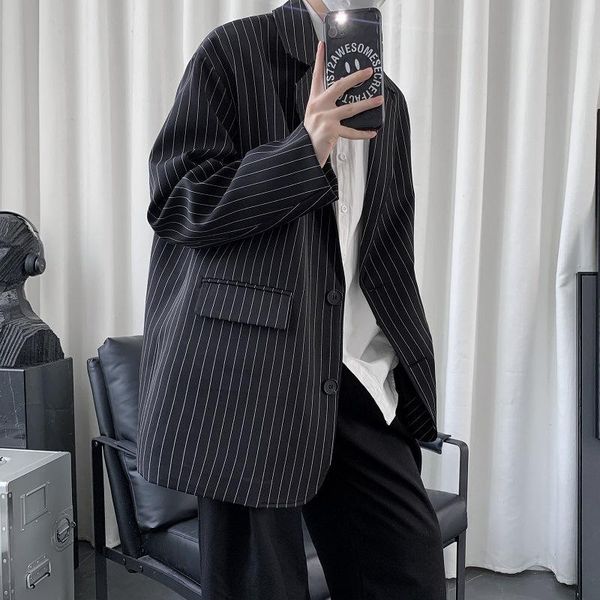 

men's suits & blazers stripe casual loose blazer 2021 fashion man classic harajuku suit jacket male clothing korean streetwear, White;black