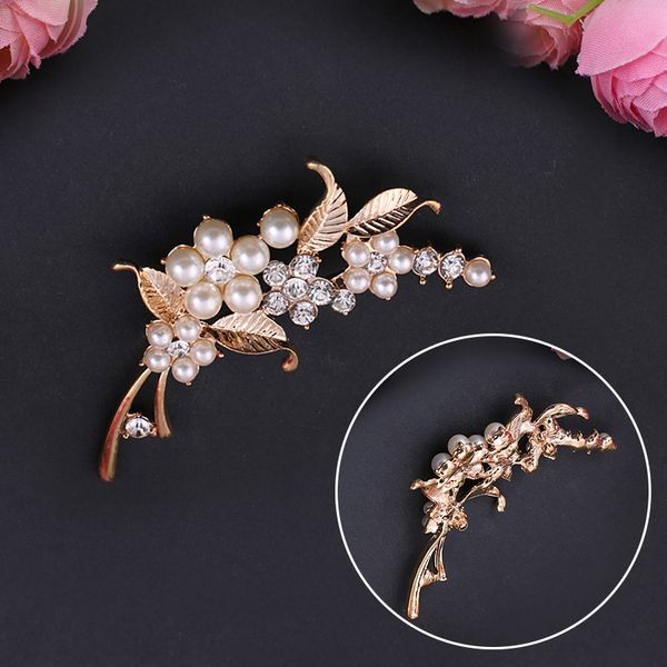 

crystal wedding brooches pin jewelry gift elegant leaves rhinestones flower pearl bouquets rose gold wedding brooch for women, Silver