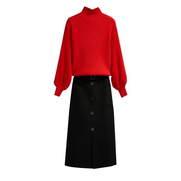 

two piece dress velvet core-spun yarn render lantern sleeve sweater knit female cloth skirt for winter outfit women knitwear casual, White