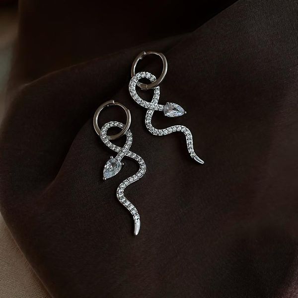 

hoop & huggie european and american fashion classic snake-shaped crystal white pendant earrings for women statement jewelry, Golden;silver