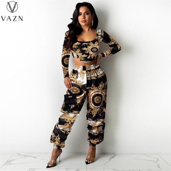 

women's two piece pants vazn 2021 women holiday style long sleeve round neck dew waist elastic printed sets, White