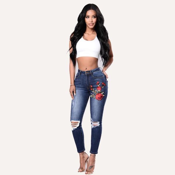 

women denim jeans ladies ripped floral embroidered full trousers plus size streetwear for woman women's, Blue