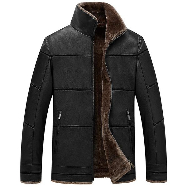 

men's fur & faux 2021 stitching leather jacket autumn winter coat casual, Black