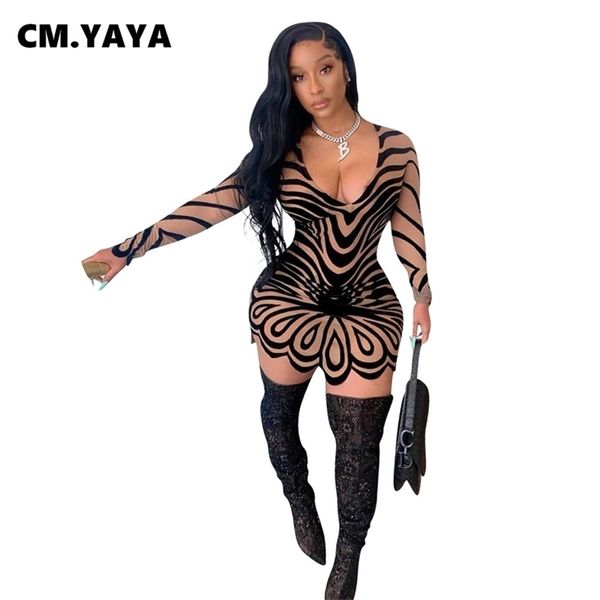 

cm.yaya fashion mini dress full sleeve v-neck skinny elastic high waist print dresses night club party vestidos summer 210806, Black;gray