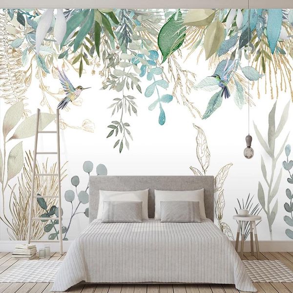 

wallpapers po wallpaper modern hand-painted tropical plant leaves flowers and birds murals living room bedroom waterproof wall painting