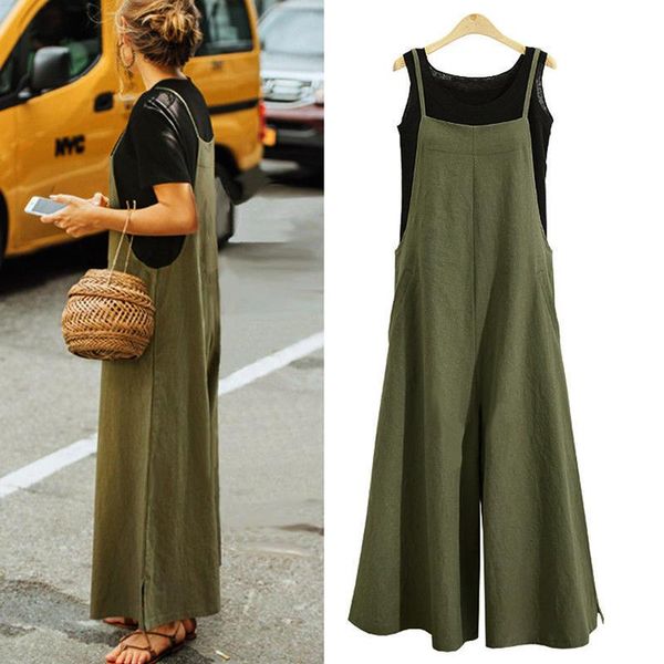 

elegant fashion women jumpsuit cotton linen long wide leg romper strappy bib jumpsuits casual loose solid simple trousers suit women's, Black;white