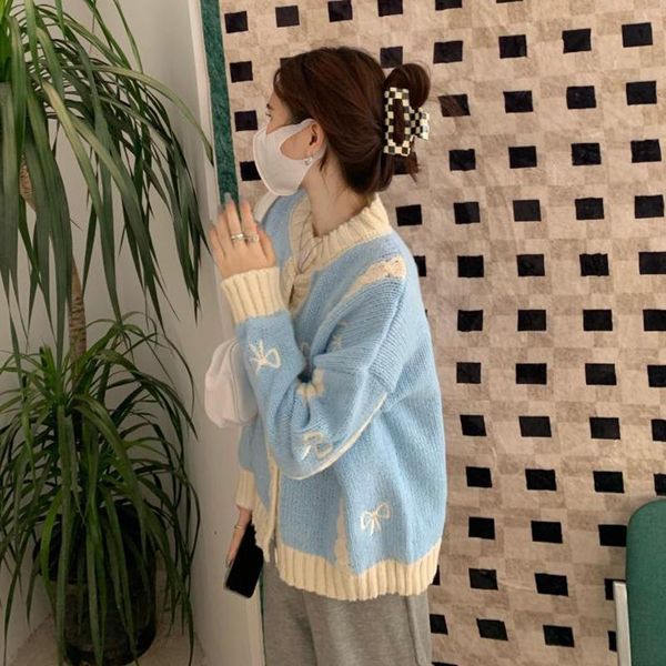 

women's knits & tees women casual sweater cardigan 2021 autumn bow designer long sleeve sweet knitting coat korean winter chic outdoor, White