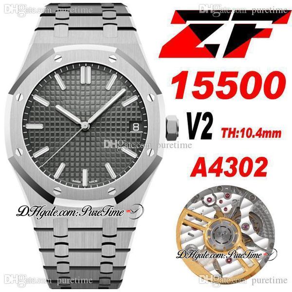 ZF V2 Ultra Thin A4302 Automatik-Herrenuhr, 41 mm, Zifferblatt mit grauer Textur, Strichmarkierungen, Edelstahlarmband, Super Edition, Schweizer Zeigerset, 2022, Gratis-Box, Puretime D4