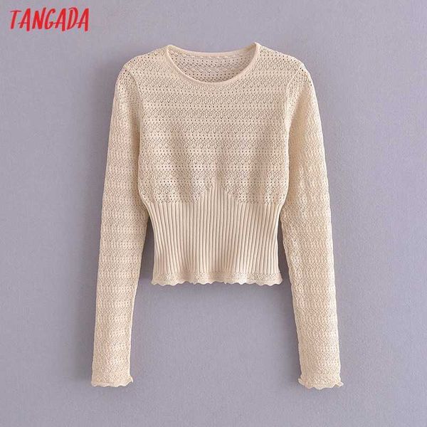 

tangada chic women beige hollow out crop sweater long sleeve ladies high street knitted jumper sw17 210609, White;black