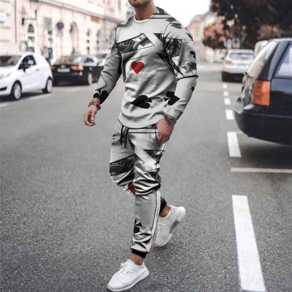 

men's tracksuits autumn and winter leisure sports suit 2021 3d printing long-sleeved t-shirt two-piece sportswear + pants, Gray