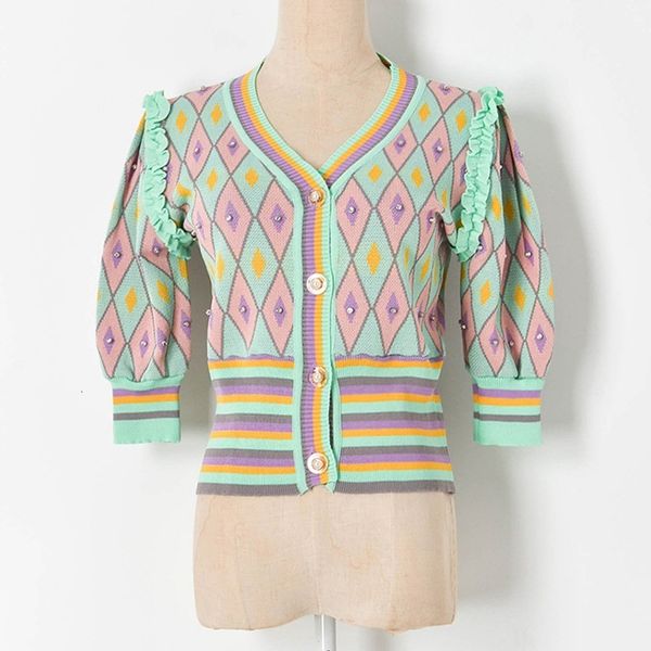 

knits hit colors rhombic crop women high waist sweater shirt puff sleeve neck single-breasted beaded cardigan, White