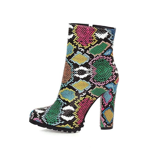 

boots winter for woman fashion rose red consice serpentine brown zipper pointed toe big size block heels ankle 34-48, Black