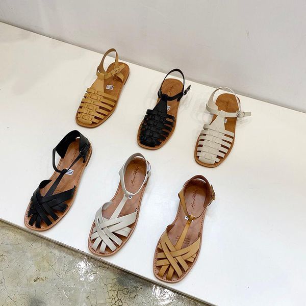 

sandals cross weaving narrow band sandalias mujer ankle buckle square toe flats slippers vintage cut-out gladiator casual shoes, Black