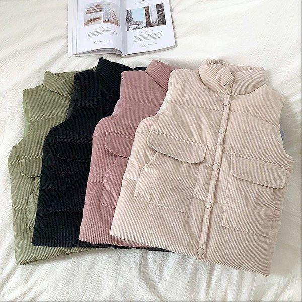

women's vests winter loose women vest coat solid turn down collar sleeveless thicken warm zipper padded casual korean fashion 2021, Black;white