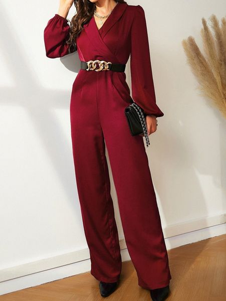 

satin shawl collar bishop sleeve shirt jumpsuit without belt k4qa#, White