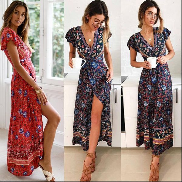 

summer women dress fashion vintage robe short sleeve v neck boho party split print long sundress, Black;gray
