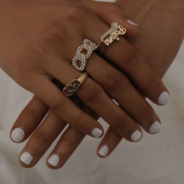 

new jewelry personalized hollow out micro inlaid diamond hand decoration style letter set ring, Black