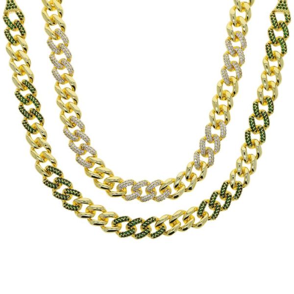 

chains drop ship wide cuban chain choker necklace with green white cz paved heavy hip hop punk necklaces for women lady party jewelry, Silver