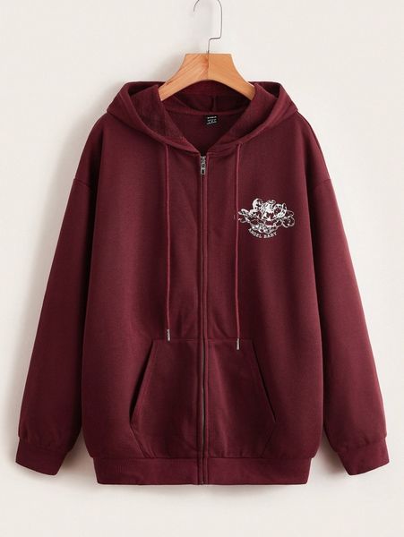 

angel and letter print drop shoulder zip up hoodie g3uh#, White;black