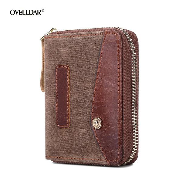 

card holders the first layer of cowhide oil wax canvas rfid holder organ multifunctional, Brown;gray
