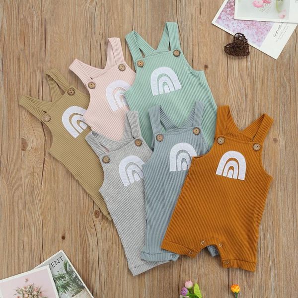 

jumpsuits fashion baby girls boys summer rompers rainbow print ribbed square neck sleeveless casual for toddler infant, Blue