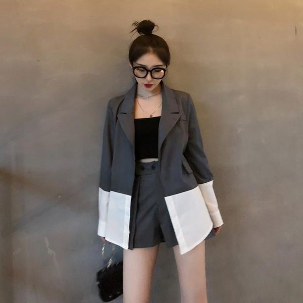

summer womens clothing patchwork long sleeve loose blazer feminino jacket + solid wide leg shorts fashion two piece set women's tracksu, Gray