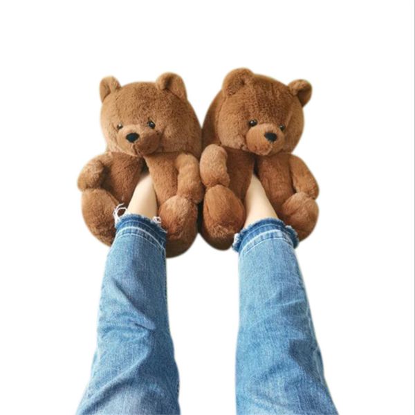 

teddy bear plush slippers women cartoon cute bear woman house furry flip flop shoes indoor winter warm furry faux fur slides x0523, Black