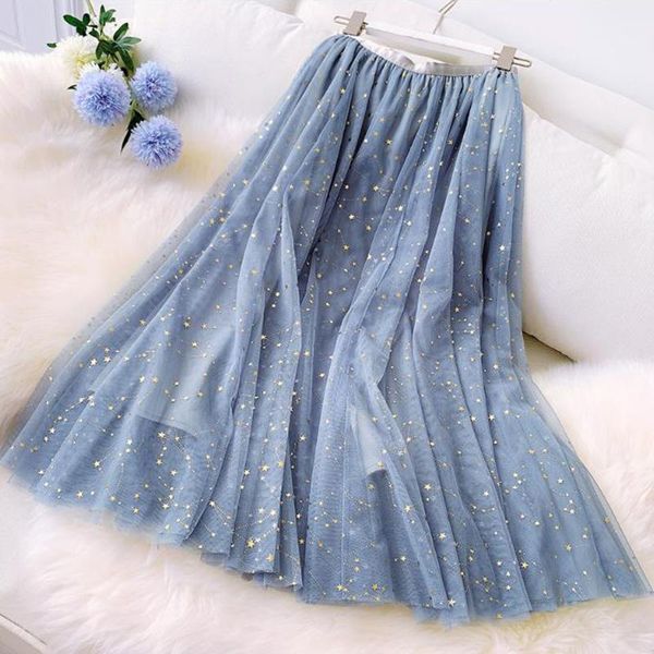 

sparkly sequins star tulle summer skirt faldas mujer stretch high waist korean woman pink blue vintage pleated long skirts, Black